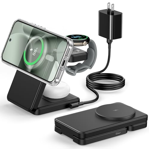Foldable 3 in 1 Magnetic Charging Station for Google Pixel Watch 3/2 (Not for Watch 4/1), 15W Fast Wireless Charger Compatible with MagSafe Charger Stand for Pixel 10/10 Pro/XL/9/8/7/6 Pro & Buds