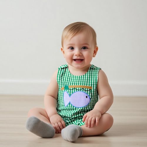 Newborn Baby Boy Fishing Outfit Fish Romper Sleeveless Overalls Plaid Shortalls Jumpsuit Infant Summer Clothes4