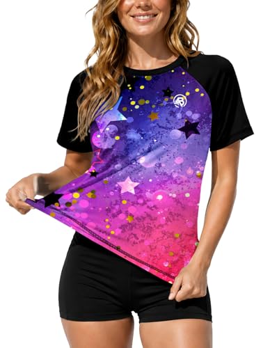 Image of AOBUTE Women Short Sleeve Rash Guard Gradient Sun Protection Swim Shirts