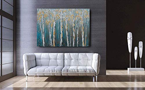 Image of Yihui Arts Canvas Wall Art Blue Tree Forest Landscape Picture Prints, Modern Birch Trees Nature Woods Abstract Artwork Framed Ready to Hang for Home Office Living Rooms (Gold Foil, 20Wx28L)