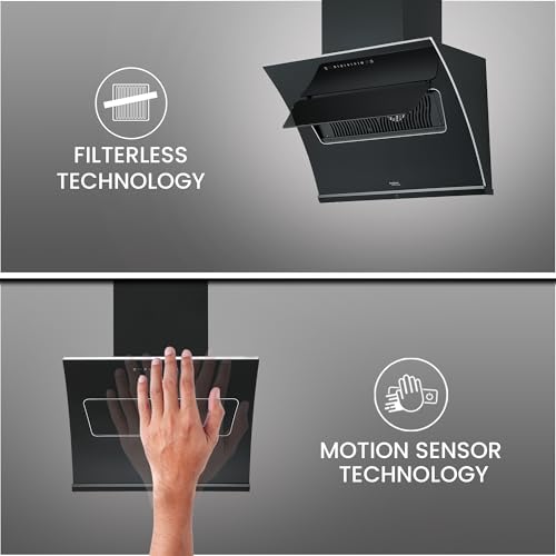 Image of Hindware Smart Appliances | Essence 75 cm Chimney | 1350 CMH | Inclined Glass | Thermal Auto Clean | Filterless | Touch control, Motion sensor | 10 Yrs Warranty on Motor & 2 Yrs on Product (Black)