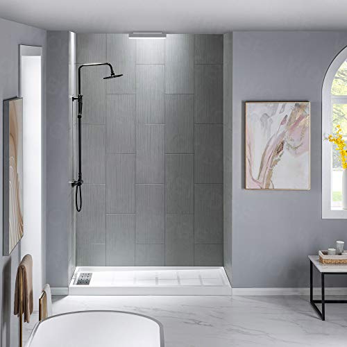 WOODBRIDGE Solid Surface 60' W x 96' H Tile Tub and Shower Wall Panel Surround, Quick Install, Cuttable, Stacked Block in a Staggered Vertical Pattern. Matte Gray Finish