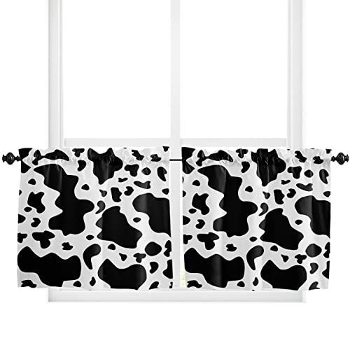 Cow Print Kitchen Curtains, Farm Animal Cow Spots Black White Valances For Windows, 27.5"X24" Kitchen Decor Short Curtains, Blackout Curtain Rods Pocket Small Window Curtains For Bedroom Bathroom #TOP3