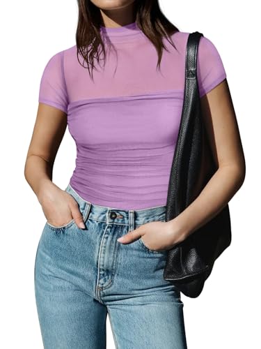 Image of REORIA Women's Sexy Mock Turtle Neck Short Sleeve Shirts Sheer Mesh Ruched Trendy Going Out Bodysuits Tops