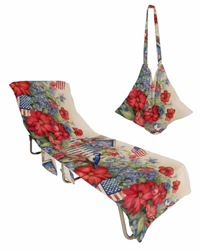 4th of July Beach Lounge Chair Towel Cover, Soft Chaise Lounge Towel with Side Pockets Patio Pool Chairs Cover for Beach/Pool Sunbathing 29x85 Independence Day Floral Birds Farmhouse