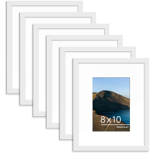 Image of PEALSN 8x10 Picture Frame Set of 6, Display Pictures 5x7 with Mat or 8x10 without Mat for Wall Mounting or Table Top Display, Photo Frames Collage for Wall Decor, White.