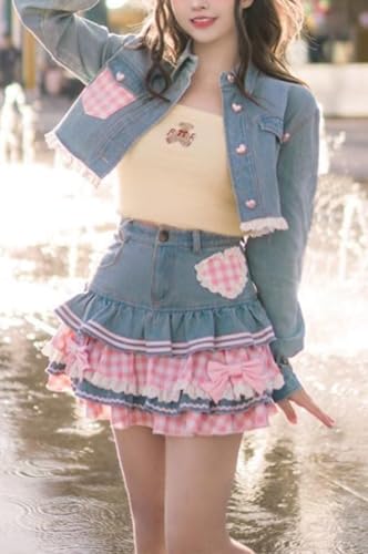Lolita Kawaii Skirts Sweet Mini Women Cute Ball Gown Denim Skirt Y2K High Waist Lace Cake Skirts3