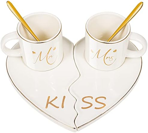Coffee Mugs Mug Sets Demitasse Cups Mr and Mrs with Kiss Tray Wedding Engagement Bridal Shower or Couples Anniversary Valentines Christmas Gifts -Ceramic Marble Coffee Mug -White