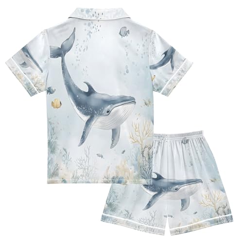 ALAZA Whale Sea Watercolor Coral Reef Satin Pajamas Set Short Sleeve Button Down Sleepwear Summer Pjs 2 Piece2