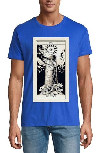 T-Shirt Homme Royal Bleu en Coton à Motif The Tower Tarot Card Art Crew Neck
