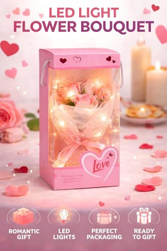 Image of Yadava Artificial Red Rose Flower for Valentine Day Gift Romantic Gift for Girlfriend Boyfriend Husband Wife | Cute Star Keychain, Message Bottle & Love Cards in Premium Gift Box (Pink Bouquet)