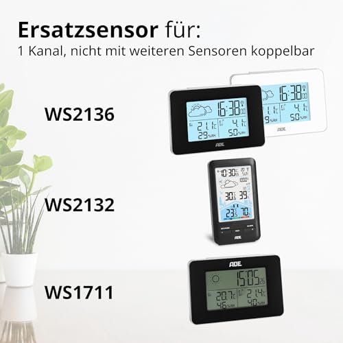 ADE Ersatz Außensensor WS1000 für Wetterstation | 1 Kanal | kompatibel mit ADE CK2406, WS1703, WS1704, WS1711, WS1911, WS2132, WS2136, WS2324, WS2331 | weiß