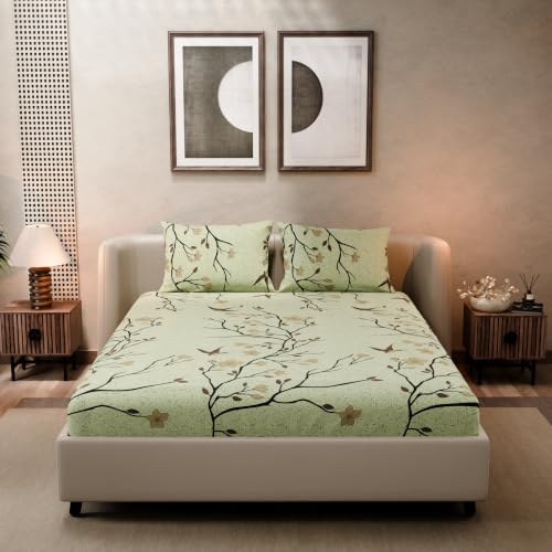 Image of BLISSHOME SoftTouch 140TC Cotton King Size Fitted Bedsheet with 2 Pillow Covers, Silky Smooth Bedding Set, Breathable, Easy Maintain, Floral Print - Yellow (182cm x 198cm x 25cm Drop)
