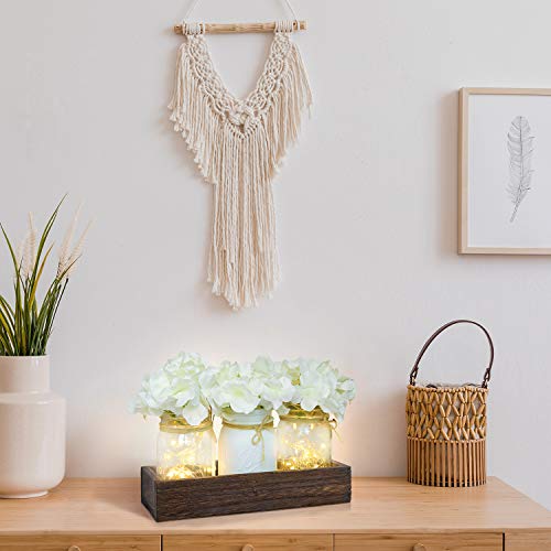 Lighted Floral Rustic Mason Jar Centerpiece Decorative Wood Tray With Remote Control Led Fairy Lights And 3 Painted Jars For Home, Living Room, Bedroom, Kitchen, Herb Plants Coffee Table Decoration #TOP4