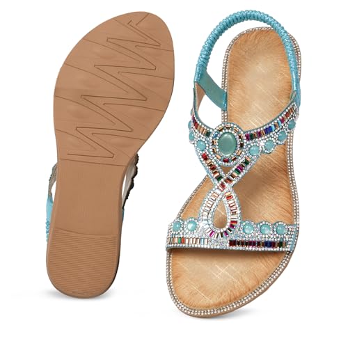 Image of iCKER Womens Rhinestone Strappy Flat Sandals Elastic Ankle Strap Open‑Toe | Sparkling,for wedding,party,evening dates,special occasion,Vacation,Formal