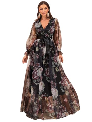 Image of TOLEEN Summer Casual Dresses for Women 2024 Spring Fashion Boho V Neck Long Sleeve Ruffle Floral Print Elegant Maxi Dress