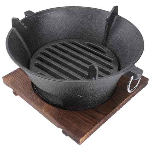 Parrilla de carbón de hierro fundido de 26 cm – Estufa redonda grande para exteriores con tabla de madera para camping, perfecta para cocinar en el patio trasero y versátil, color aleatorio