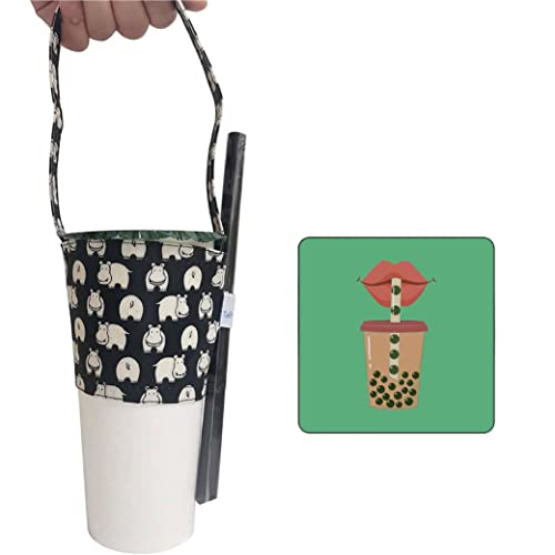 Portable Beverage Cup Foldable Holder Carrier, Tainada Reusable Drink Sleeve Handle Carry Strap for Coffee, Bubble Tea, Hot & Cold Drink with Integrated Straw Holder (Hippo Pattern Black)