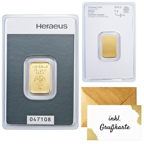 Gold zum Verschenken Heraeus Goldbarren - Feingold - Anlagegold - verschiedene Größen wählbar - inkl. Geschenkverpackung Grußkarte und Echtheitsgarantie (5g Gold)