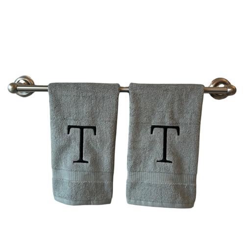 Gray with Black Monogrammed Hand Towels for Bathroom - Set of 2 Letter T