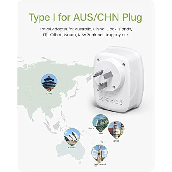 LENCENT 2500W Travel Adapter AUS CN Adapter Type-I Travel Plug Adapter with 3 USB-A 1 Type-C and 1 AC Schuko Adapter EU to Australia China New Zealand Argentina wall charger White