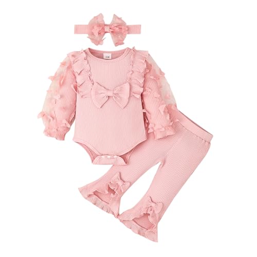 Image of Baby Girl Clothes Newborn Outfits 3D Butterfly Long Sleeve Romper Flare Pants with Bow Headband Set 0-18 Months