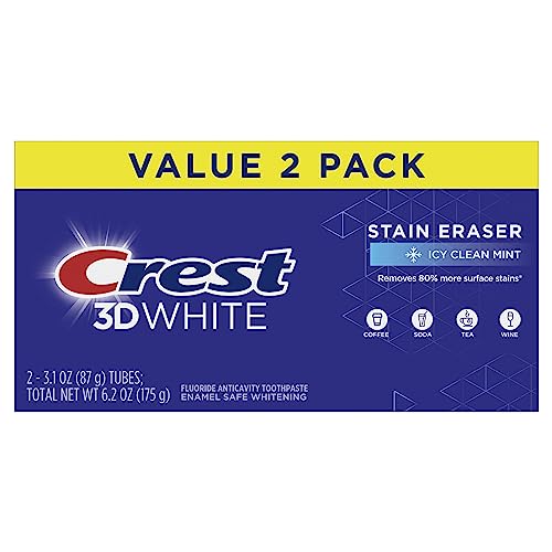 Image of Crest 3D White Stain Eraser Teeth Whitening Toothpaste, ICY Clean Mint, 3.1 oz, Pack of 2