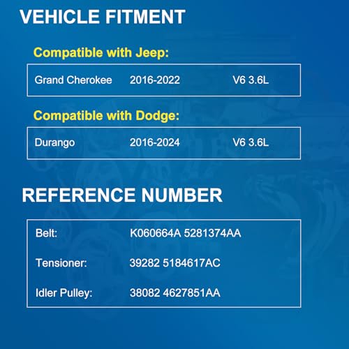 Image of Serpentine Belt Drive Component Kit with Tensioner & Idler Pulley Fit Jeep Grand Cherokee 2016-2022 V6 3.6L & Dodge Durango 2016-2024 V6 3.6L, Replace 90K-39282B