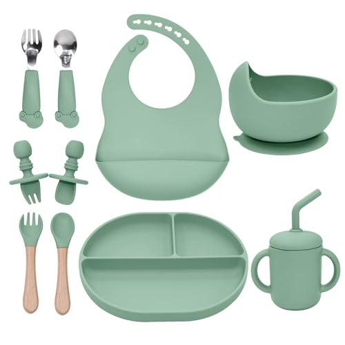 SILI FACTORY Silicone Baby Feeding Set 10Pcs, Toddler Plates with Suction Baby Bowls, Silicone Bibs for Babies, Toddler Cup, Baby Spoon & Fork, Baby Utensils Feeding Essentials for Starting Solids