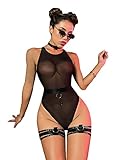 WDIRARA Women's Mesh Sheer Sleeveless Bodycon Teddy Bodysuit Lingerie with Leg Ring Black L