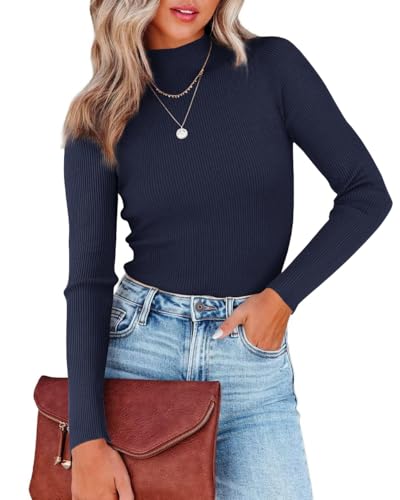 Lacozy Women's Mock Neck Long Sleeve Tops Dressy Casual Fitted Ribbed Basic T Shirts
