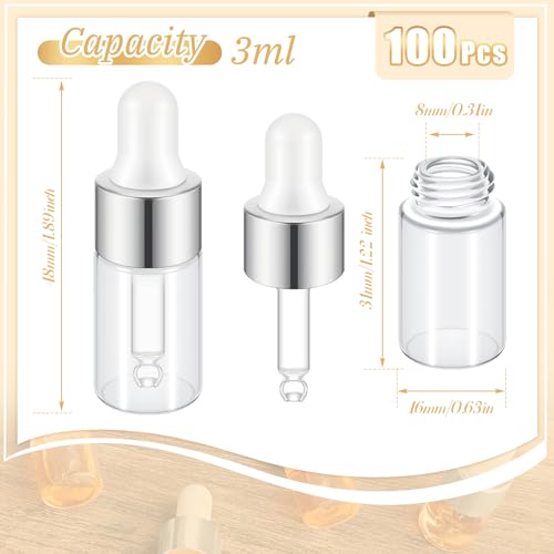 100 Pcs Mini Glass Oil Dropper Bottle Bulk, 3 ml Sliver Clear Essential Small Empty Bottles Sample Containers Perfume Liquid Vials with Cap for Traveling2