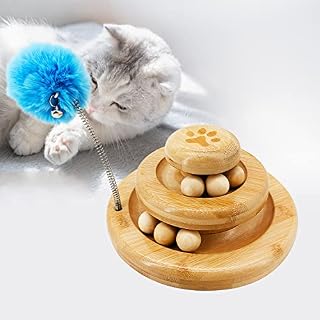 MaxAwe 2-in-1 Interactive Cat Roller Toy, 2x Levels 6x Balls Cat Towers Tracks Toy with 1x cat teaser toy, Wooden Fun Interactive Toy for Cats and kittens