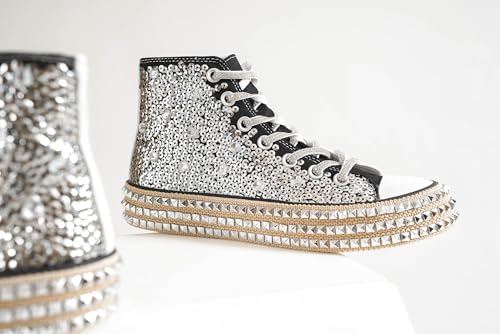 Womens Lace-up High-Top Canvas Sneakers Studded Rhinestone Side Shoes Lace-up Fashion Shoes Casual Platform Boots4