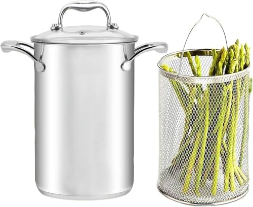 CWCQGH Pasta pots Asparagus Pot High with Basket and Glass Lid, Vegetable Asparagus Spaghetti Steamer Stainless Steel Oil Deep Fry Pan Pasta Cooker Pot