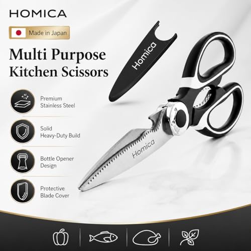 Image of Multi Purpose Heigh Quality Kitchen Scissors | Premium Stainless Steel Food Shears for Meat, Chicken, Fish, Seafood, Vegetables & Herbs | Heavy Duty Kitchen Shears with Bottle Opener | Black