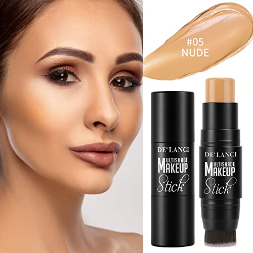 2022 Upgrade Cream Contour Stick With Built-In Brush,3 In 1 Concealer Bronzer Foundation Stick,Face Brightens Shades Contour Pen,Travel-Friendly Waterproof Longwear Face Body Contouring Makeup,Nude #TOP1