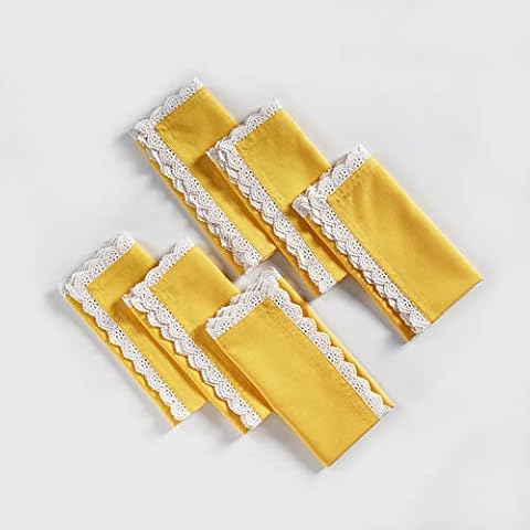 Fingercraft Dinner Napkins Cotton 6 Pack Premium Quality Mitered Corners with Elegant Lace for Every Day Use Napkins are Pre Shrunk and Good Absorbency with Lace (Lemon) Cover