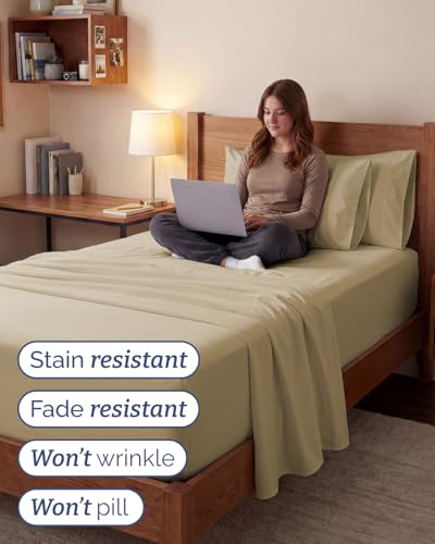 Image of Extra Deep Twin XL Sheet Set - 4 Piece Breathable & Cooling Sheets - Beige | Hotel Luxury Bed Sheets Set, Easy & Secure Fit, Ultra-Soft, Wrinkle & Fade Free, Comfy Sheets Set with Extra Deep Pockets