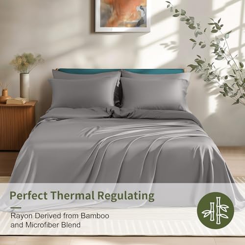 Image of Shilucheng 6 Piece Full Sheet Sets, Cooling Sheets, Blend Rayon Derived from Bamboo, Deep Pocket Up to 16 inch, Breathable & Soft Bed Sheets, Hotel Silky Bedding Set, Grey