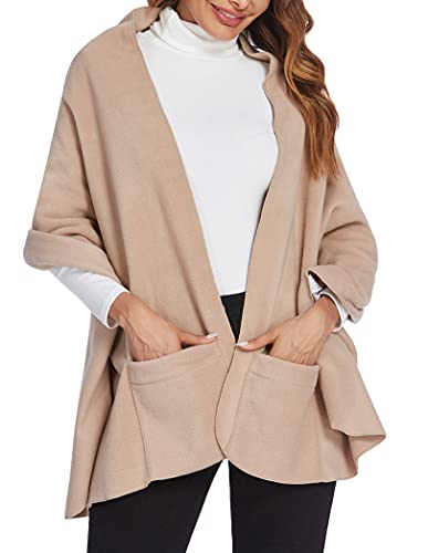 Ekouaer Womenâ€™s Fleece Shawls Wraps Winter Open Front Poncho Cape Oversized Cardigan Sweater with Pockets Khaki Small