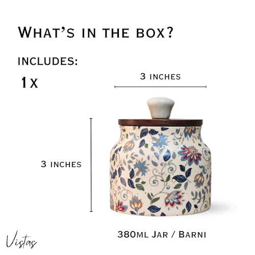 Image of Vistas 'Blue Bloom' 1 Piece Airtight 380ml Ceramic Jar for Kitchen Storage | Handcrafted Ceramic Barni with Wooden Lid | Multipurpose Pickle, Spice, Salt, Sugar & Achar Container
