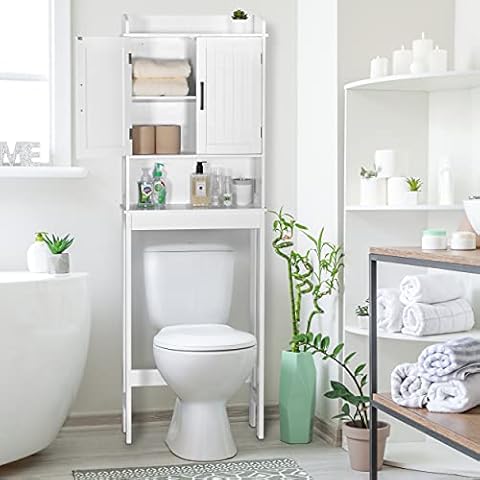 MUPATER Bathroom Over-The-Toilet Storage Cabinet Organizer with Shelves and Doors, Small Freestanding Toilet Shelf Space Saver with Anti-Tip Design and Adjustable Bottom Bar, White Cover