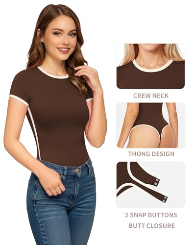 Image of MANGOPOP Women's Round Neck Short Sleeve Bodysuit T Shirts Basic Body Suit Tops