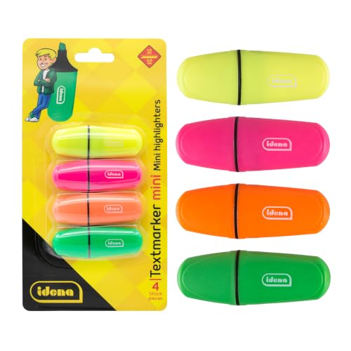 Idena 12081 - Textmarker Mini in 4 Farben gelb pink orange und grün