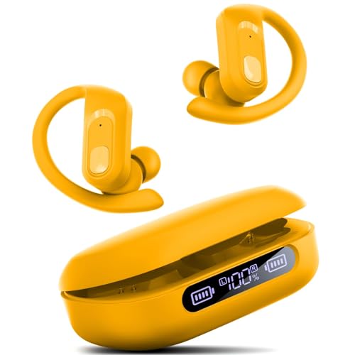 Image of occiam Wireless Earbuds Bluetooth Headphones Ear Buds 96Hrs Playback Sport Over-Ear Waterproof Wireless Headphones Earphones with Earhooks ENC Mics Clear Call for Sport Running Workout (Yellow)
