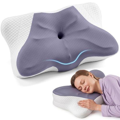 Image of DUMOS Cervical Neck Pillow, Cooling Ergonomic Memory Foam Pillows for Neck Pain Relief with Breathable Pillowcase, Dual Height Orthopedic Support Contour Pillow for Side, Back, Stomach Sleepers, Grey