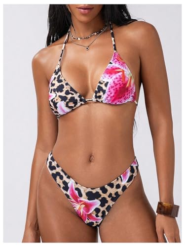 OYOANGLE Women's 2 Piece Swimsuit Leopard Print Halter Neck Tie Back Bathing Suit Triangle Bikini Set3