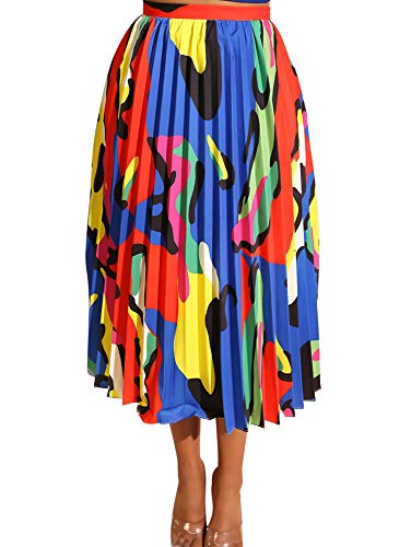 TOB Women's Sexy Summer High Waist Chiffon Printed Colorful Midi Skirt RoyalBlue