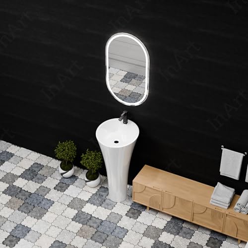 Image of InArt One Piece Ceramic Pedestal Free Standing Round Wash Basin for Living Room and Bathroom (15 x 15 x 32 Inch, White)